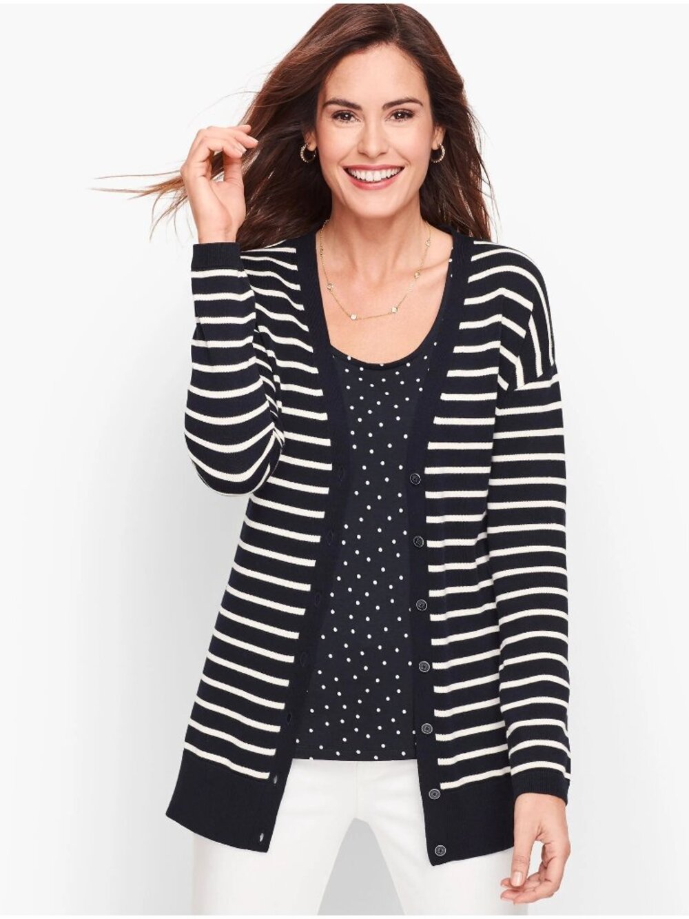 Talbots Forever Girlfriend Cardigan Medium Striped Button Up Navy White Nautical